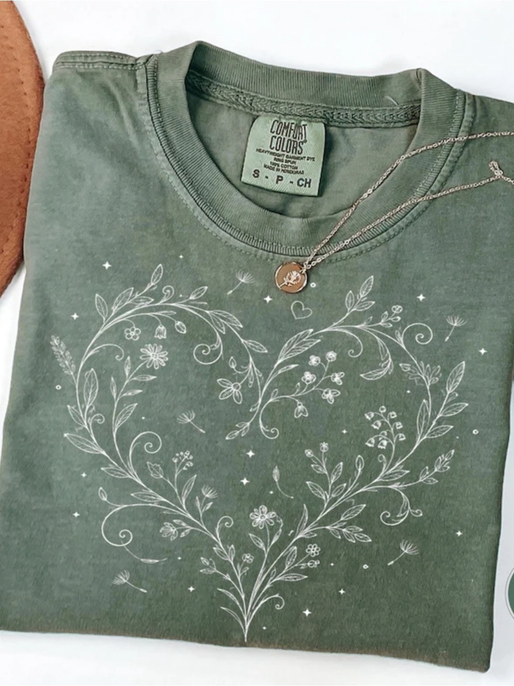 Comfort Colors Moss Green Short Sleeve Tee with White Floral Heart